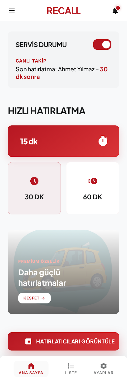 RECALL ana sayfa ekranı