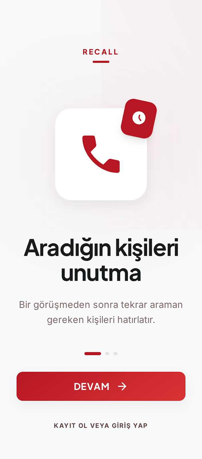 RECALL onboarding ekranı