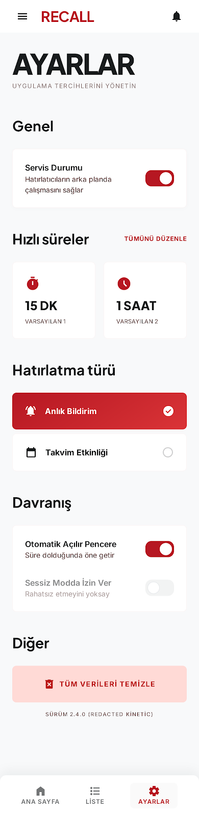 RECALL ayarlar ekranı